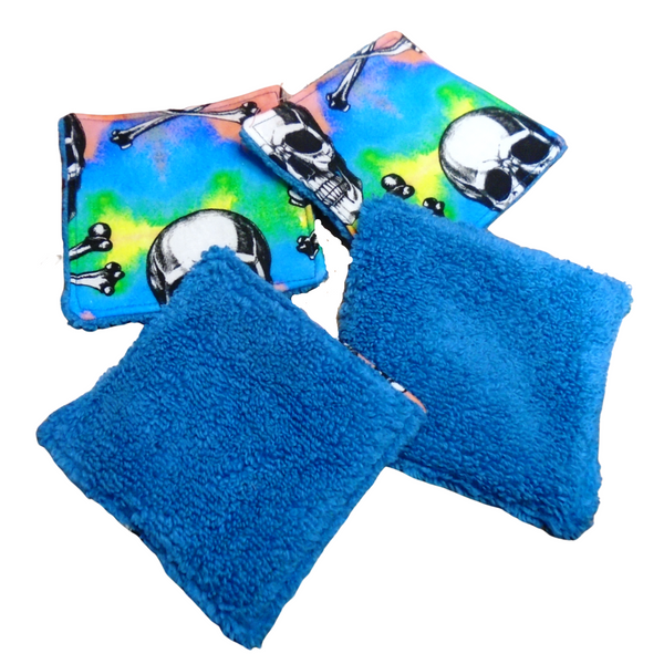 Reusable Cotton Wipes 4 Pack - Make Up - Toddler - Finger Wipes - Pastel Skull With Turquoise Towelling