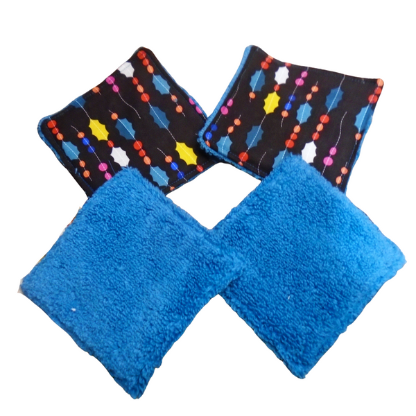 Reusable Cotton Wipes 4 Pack - Make Up - Toddler - Finger Wipes - Black Holly With Turquoise Towelling