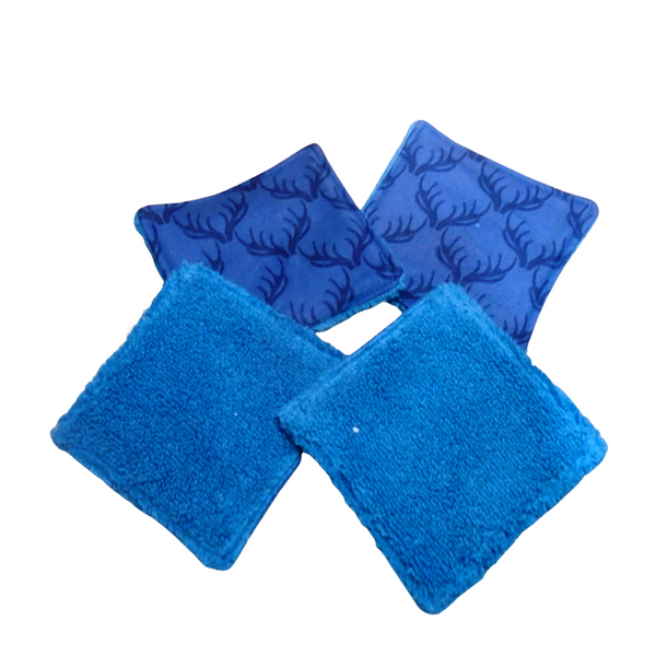 Reusable Cotton Wipes 4 Pack - Make Up - Toddler - Finger Wipes - Blue Antler With Turquoise Towelling