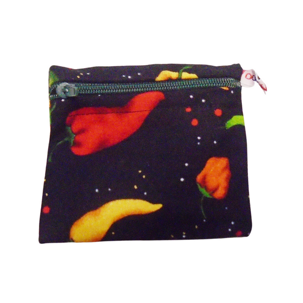 Black Multi Chilli Pepper - Pippins Poppins Pouch Snack Pouch, Coin Purse, Ear Bud Case