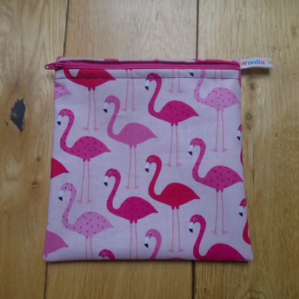 Pink Flamingo -  Medium Poppins Pouch Washable Sandwich Bag - Vegan Alt. to Wax Wrap