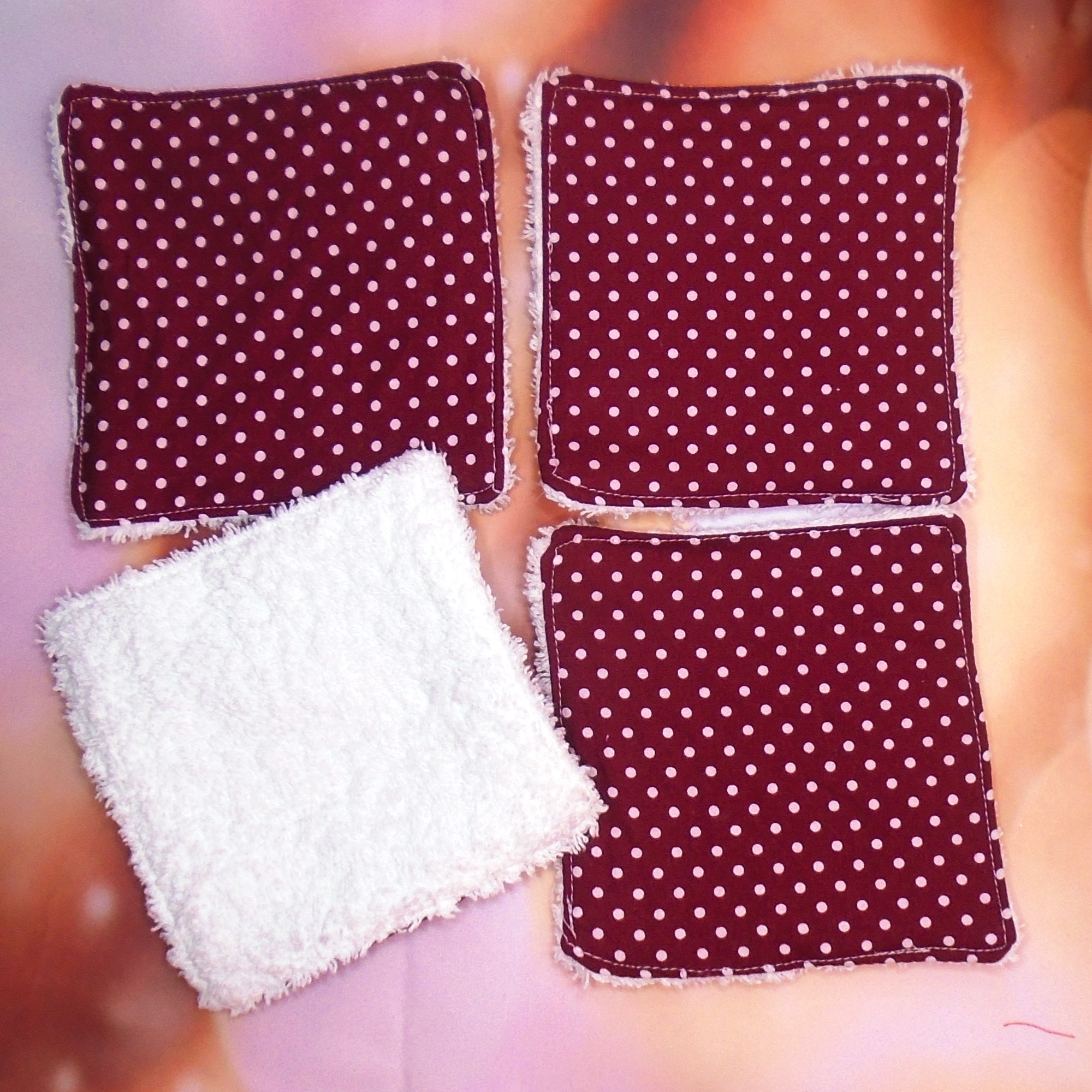 Reusable Cotton Wipes 4 Pack - Make Up - Toddler - Finger Wipes - Wine Polka Dot With White Towelling