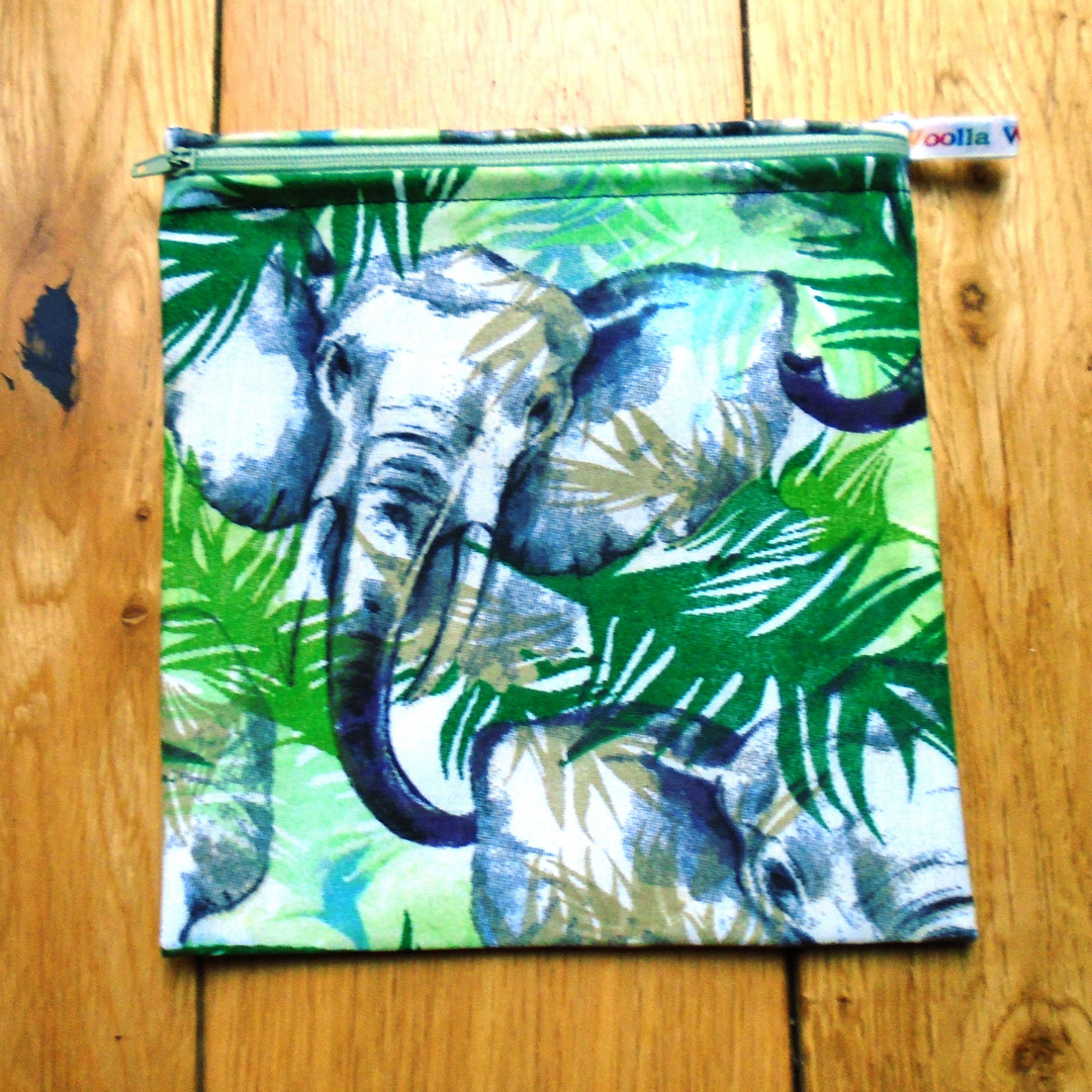 Leafy Elephant Medium Poppins Pouch Washable Sandwich Bag - Vegan Alt. to Wax Wrap
