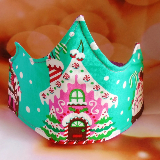 Gingerbread House With Chocolate Glitter Fabric Christmas Crown Reversible Adjustable - One Size Fits All Party Hat Birthday Crown - Eco Zero Waste