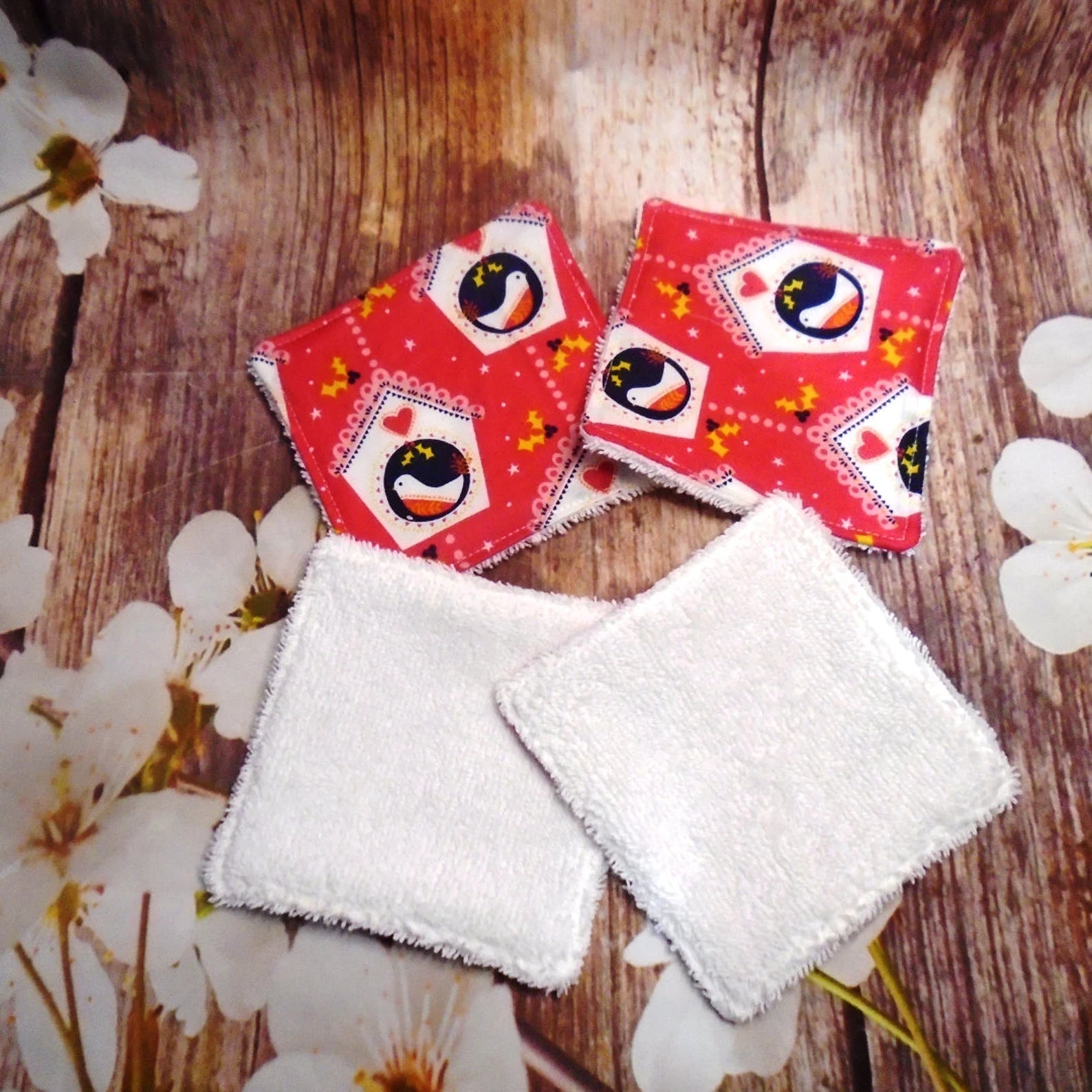 Reusable Cotton Wipes 4 Pack - Make Up - Toddler - Finger Wipes - Birdhouse With White Towelling
